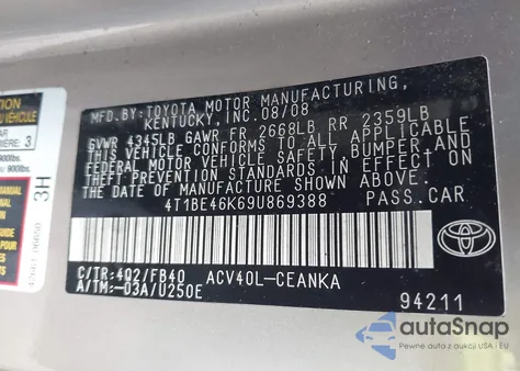 2009 Toyota Camry Le from USA, damaged, VIN 4T1BE46K69U869388